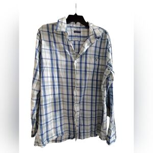 Fish Hippie Runfront Collection Men's Blue Green White Plaid Button Down Large